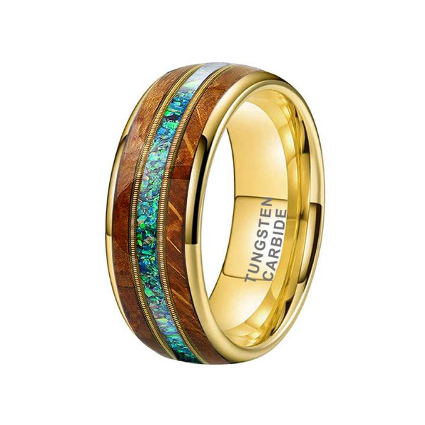 8mm Gold Tungsten Wood Green Opal Men's Band Ring
