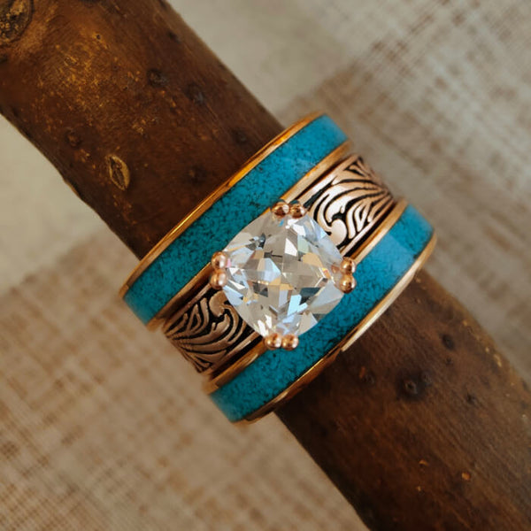 3pc Rose Gold Western Engagement Rings with Turquoise