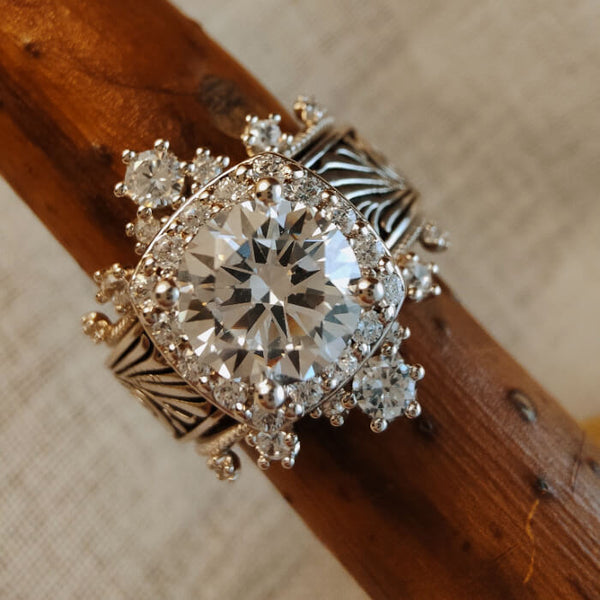 3pc Sterling Silver Vintage Flower Diamond Western Ring Set