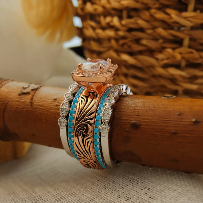 Five-piece vintage turquoise ring set with moissanite and zircon details