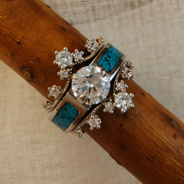 3pc Sterling Silver Round Diamond Flower Crush Turquoise Engagement Rings