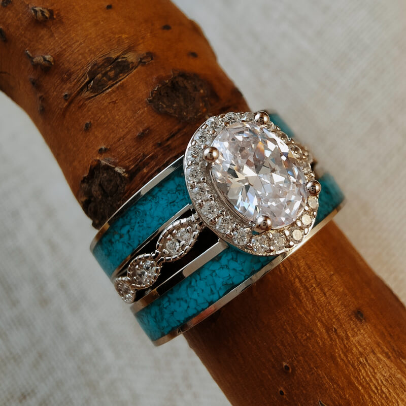 3pc Sterling Silver Oval Moissanite Vintage Turquoise Wedding Ring Set ...