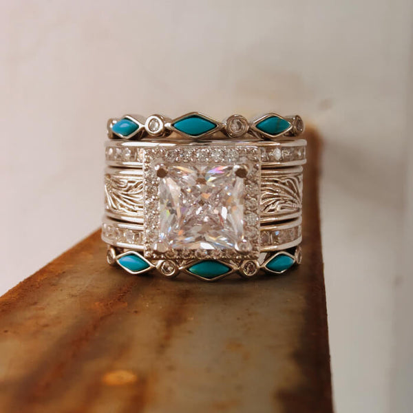 5pc Women Stering Silver Western Wedding Rings with Turquoise