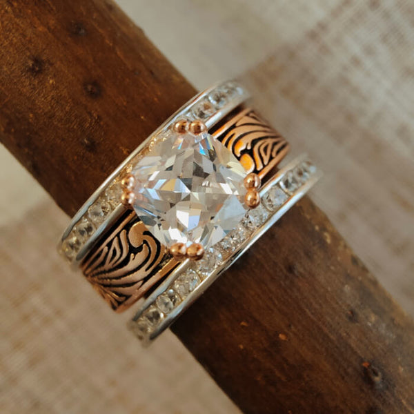 3pc Radiant Cut Engraved Rose Gold Western Engagement Ring