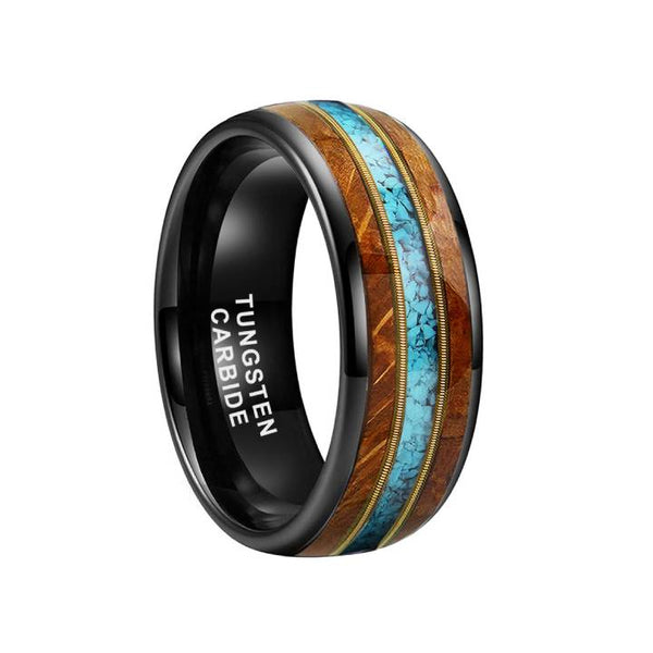8mm Black Tungsten Barrel Wood Turquoise Men's Band Ring