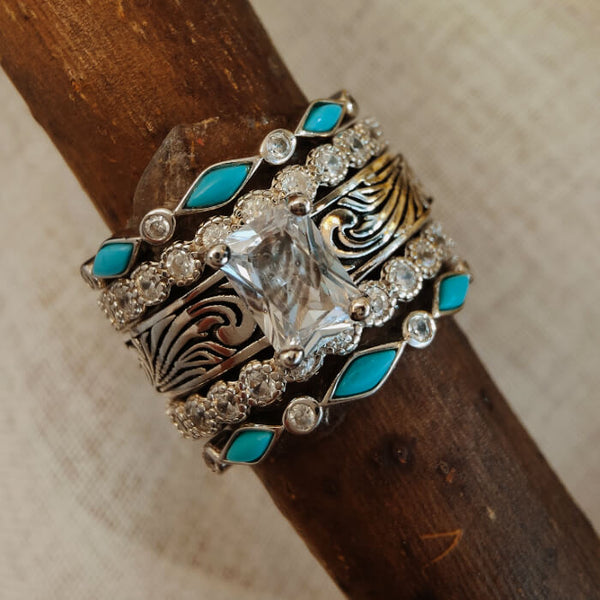 5pc Vintage Flower Engraved Western Turquoise Wedding Ring Set