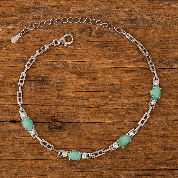 Turquoise Station Bracelet – Silver Bar Link Chain with Crystal Accents