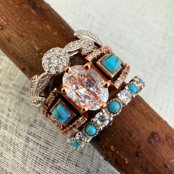 3pc Rose Gold Square Turquoise Wide Band Country Engagement Rings