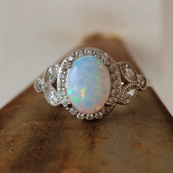 Sterling Silver Plant Oval White Opal Engagement Rings