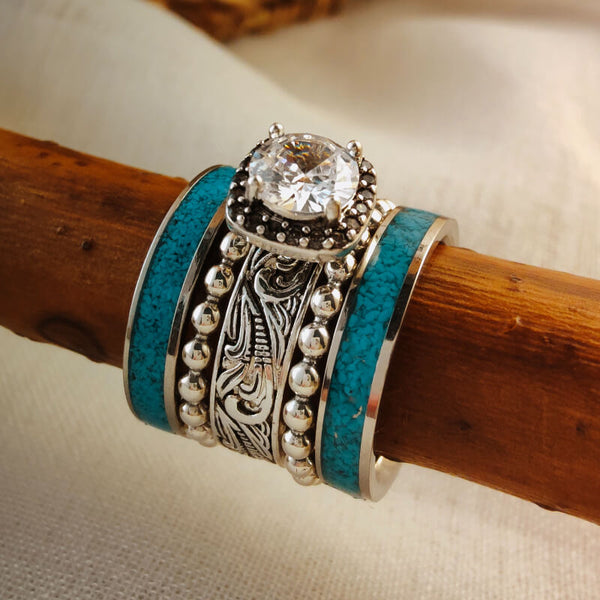 5pc Sterling Silver Women Turquoise Western Wedding Ring Set