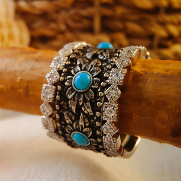 Vintage flower stackable turquoise ring with zircon accents