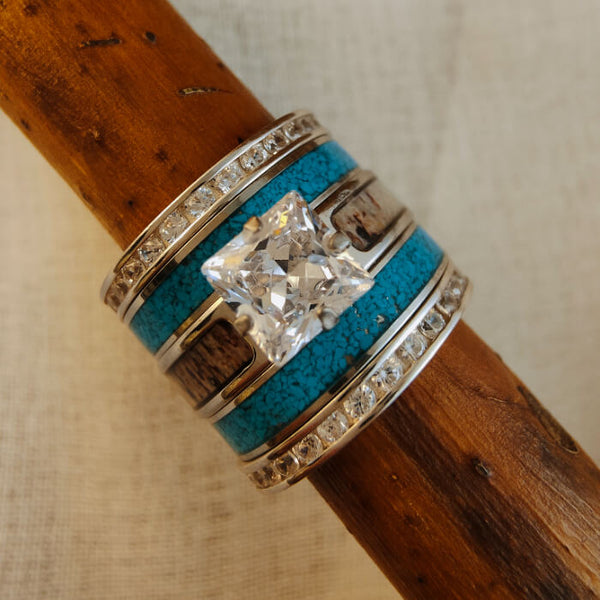 5pc Sterling Silver Antler Inlay Western Wedding Rings with Turquoise