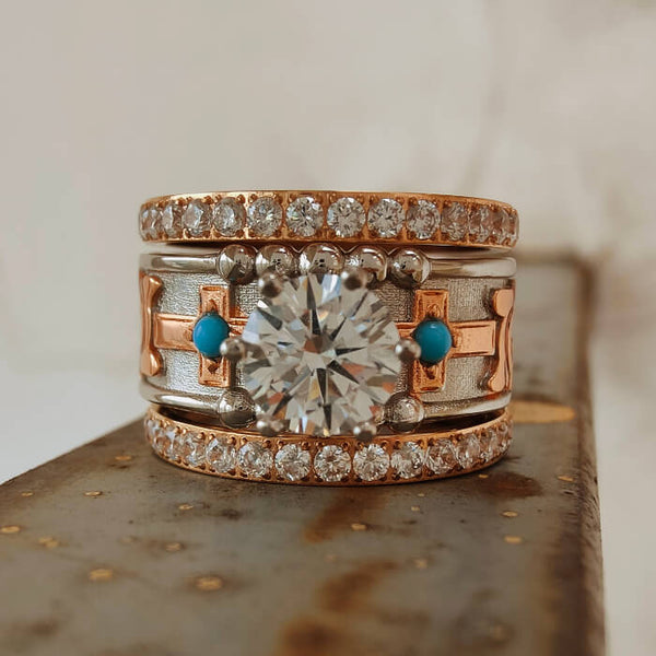 3pc rose gold cross flower promise rings with turquoise and diamond accents