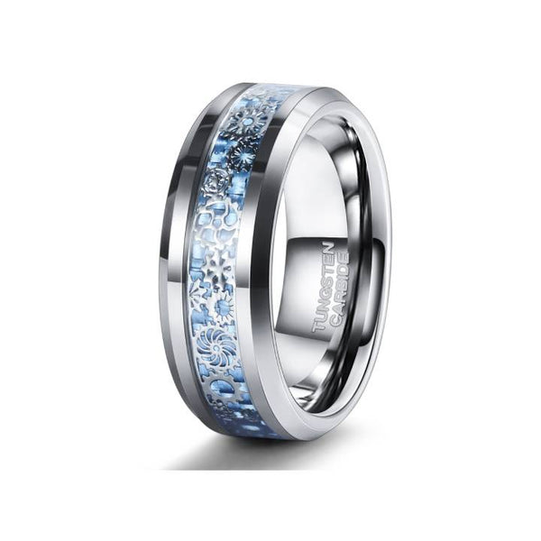 8mm Inlaid Blue Carbon Fiber Gear Tungsten Ring