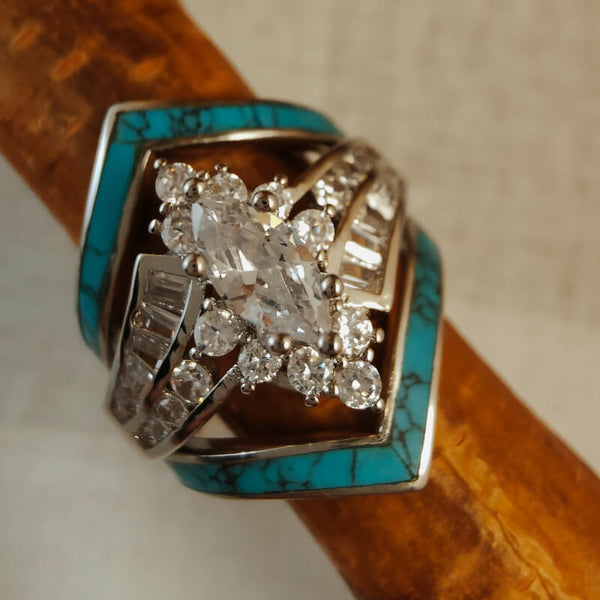 Vintage V Band Marquise Cut Diamond Turquoise Engagement Ring