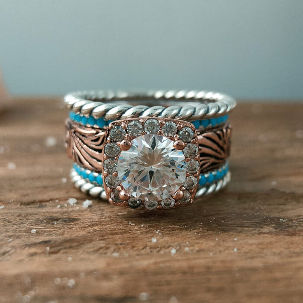 5pc Rose Gold Diamond Western Vintage Turquoise Wedding Rings
