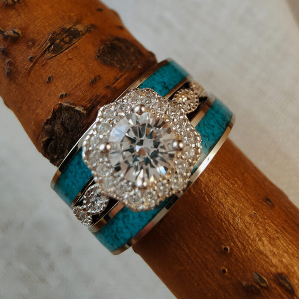 3pc Sterling Silver Round Moissanite Vintage Turquoise Wedding Ring Set