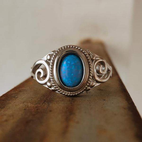 Sterling Silver Oval Blue Opal Engagement Ring