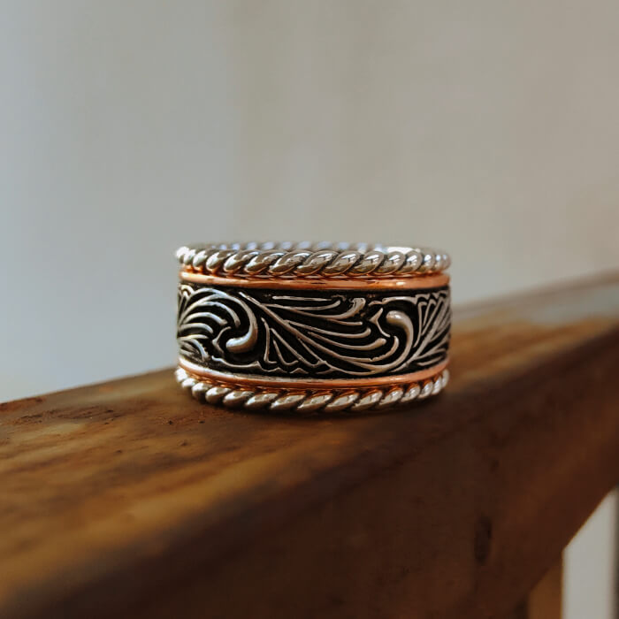 3pc retro twist western band ring with silver and copper engravings