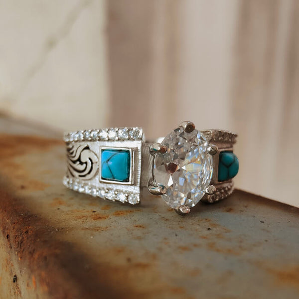 Western oval diamond engagement ring with turquoise accents