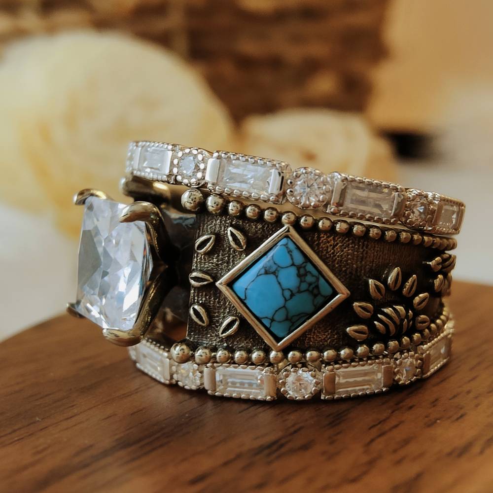 Stering Silver Vintage Fashion Women Stacker – Retro Turquoise