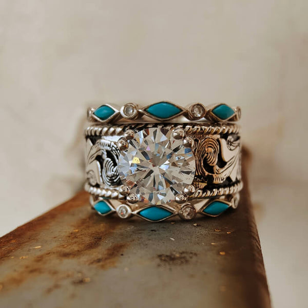Western Turquoise Ring Set – Vintage Silver Engraved Engagement Rings