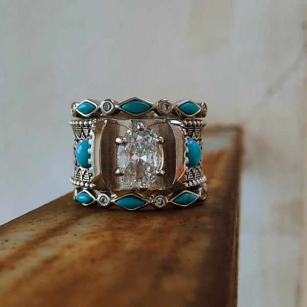 3pc Oval Cut Diamond Wave Diamond Vintage Turquoise Ring Set