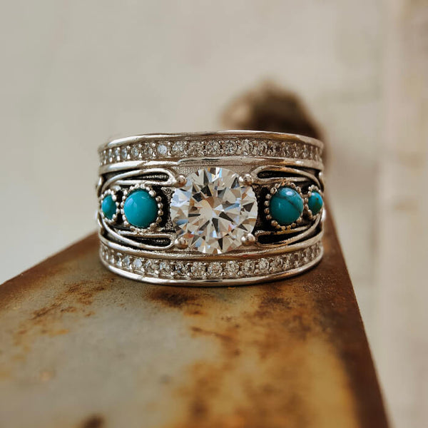 Western Plant Engraved Round Turquoise Engagement Rings