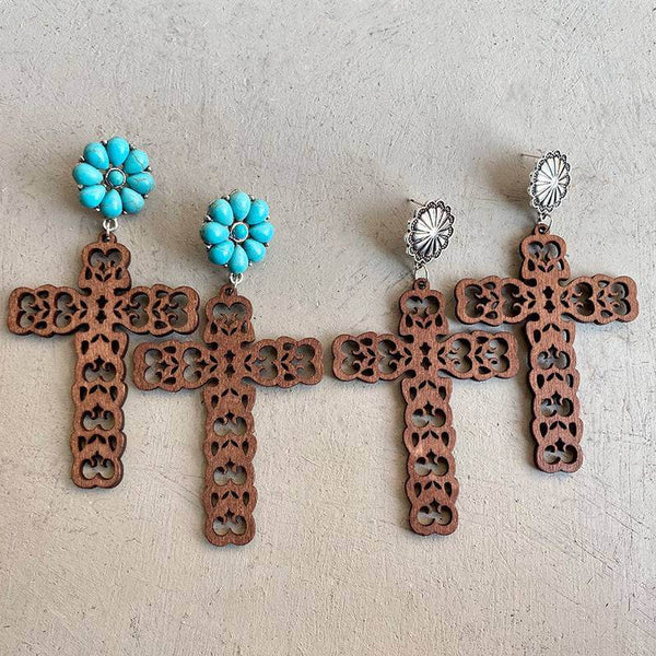 Hollow Leather Turquoise Cross Earrings