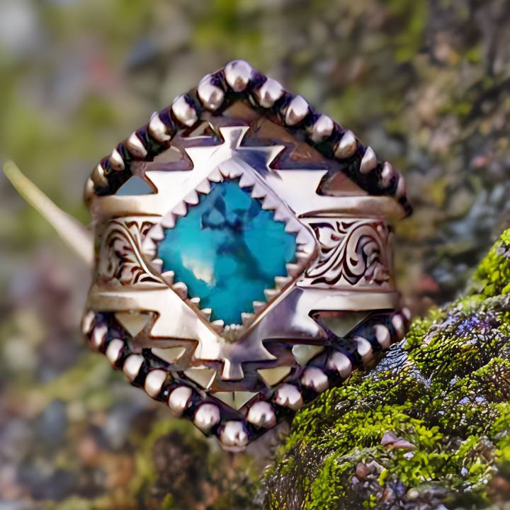Square turquoise ring with detailed Western engravings and silver accents