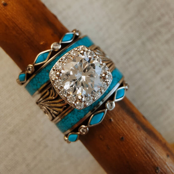 5pc Sterling Silver Vintage Western Turquoise Wedding Ring