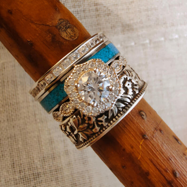 4pc Sterling Silver Vintage Diamond Turquoise Western Wedding Ring