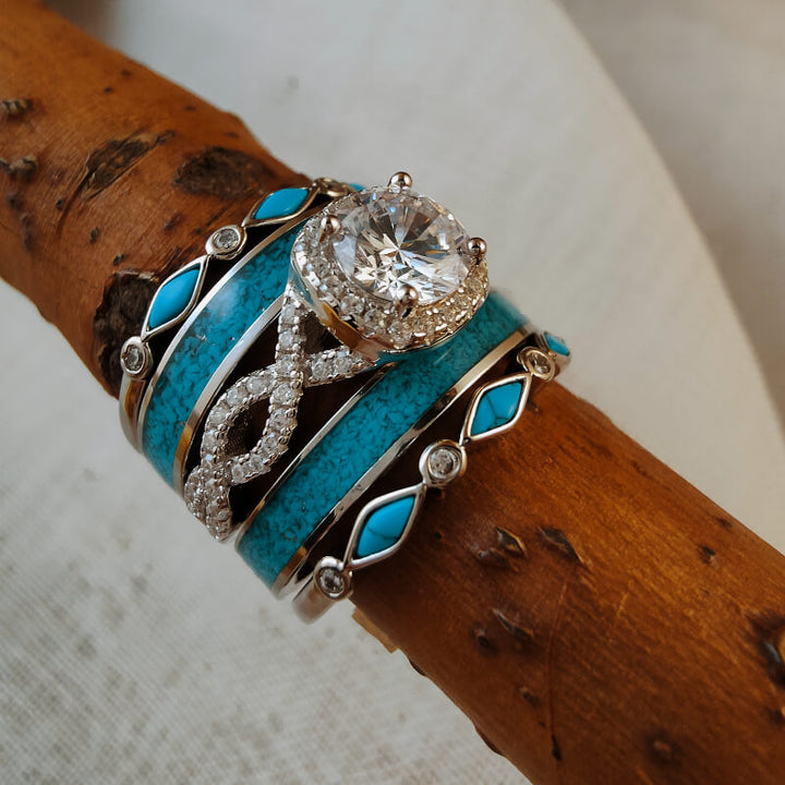 5-piece sterling silver engagement ring set with moissanite and turquoise details