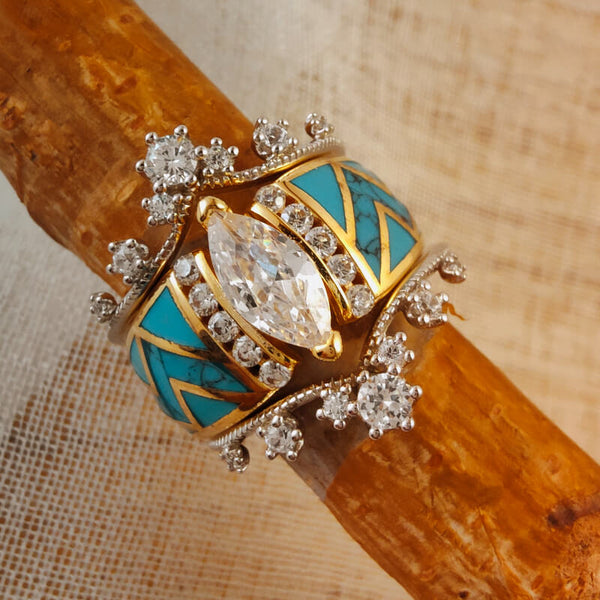 3pc Sterling Silver 18k Gold Marquise Diamond  Turquoise Ring
