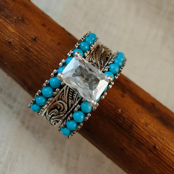 3pc Silver Diamond Turquoise Engagement Ring Set