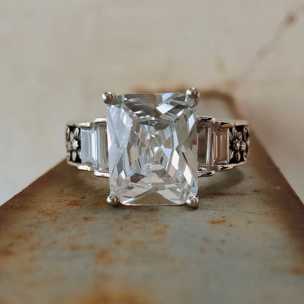 Daisy Flower Engraved Emerald Cut Western Engagement Ring