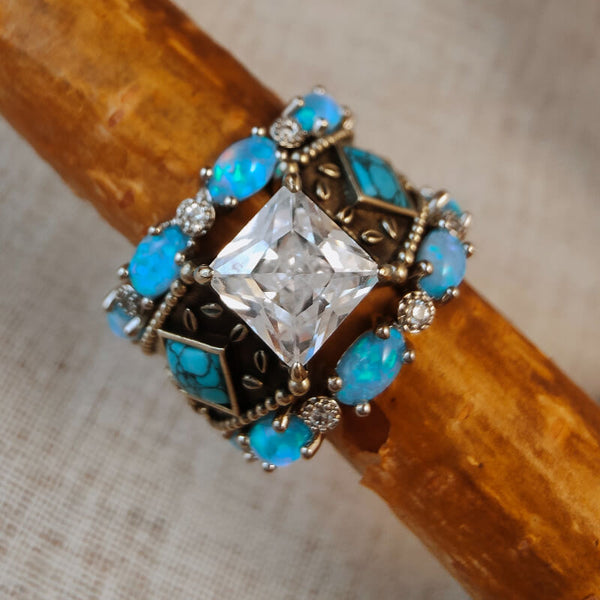 Sterling Silver Retro Opal Stackers Turquoise Diamond Ring Set