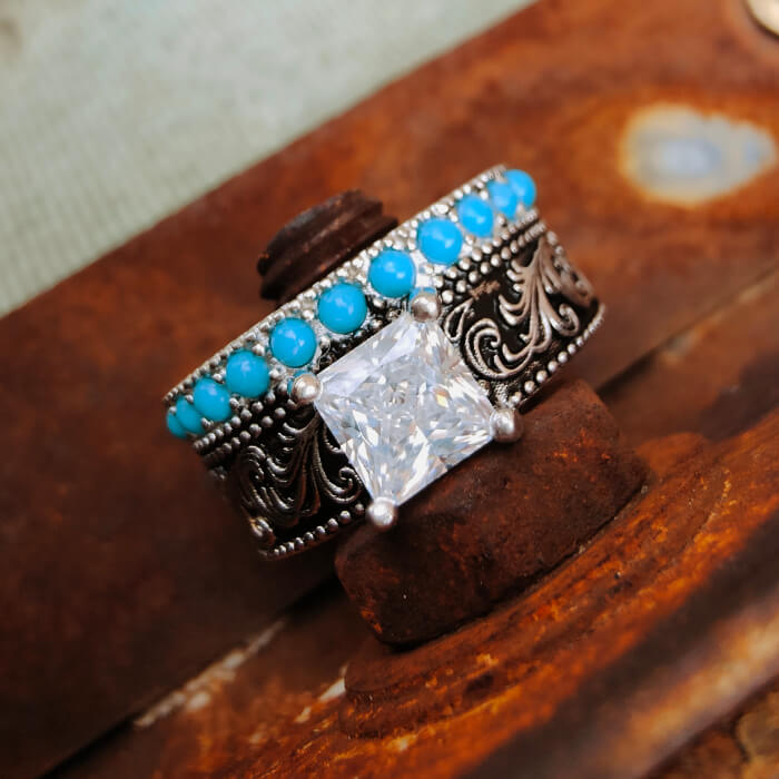 Western Style Rings Western Engagement Ring with Turquoise – Princess Cut Vintage Silver S ...