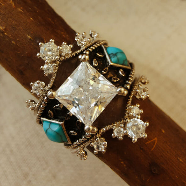 3pc Vintage Women Square Turquoise and Diamond Ring