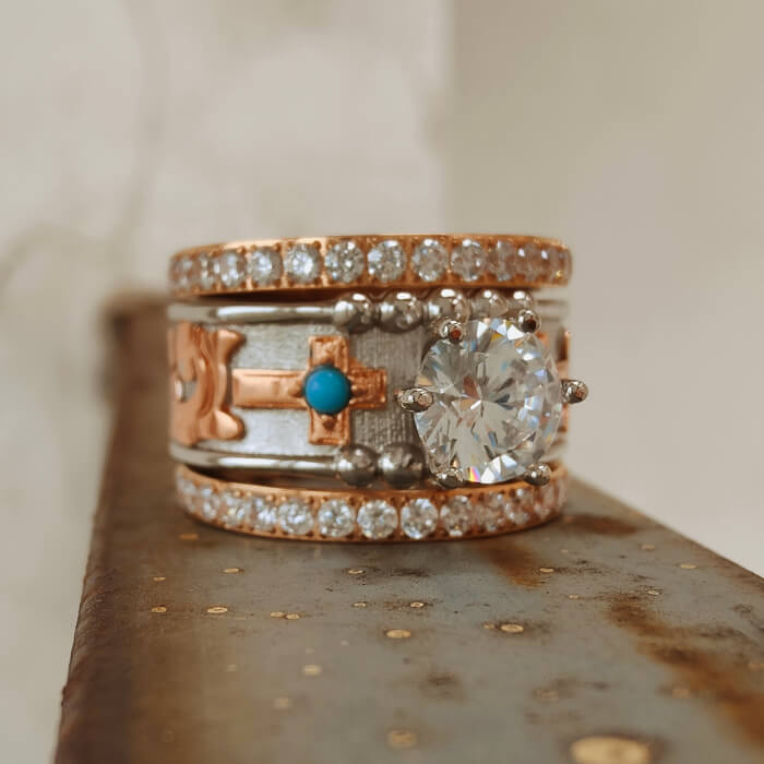 Rose gold promise ring with turquoise stone and sparkling diamond accents