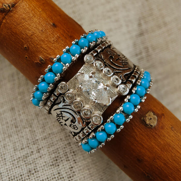 3pc Moissanite Flower Marquise Western Turquoise Rings