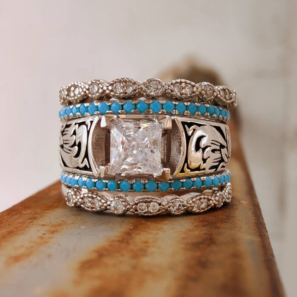 Vintage turquoise and diamond wedding ring stacked design