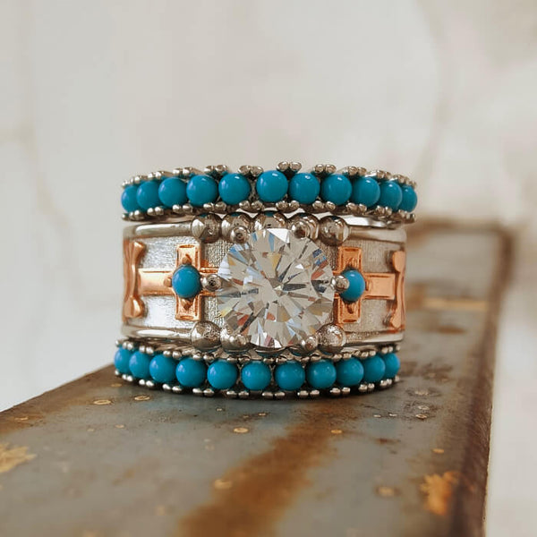 3pc Vintage Cross Flower Engraved Turquoise Western Rings for Women