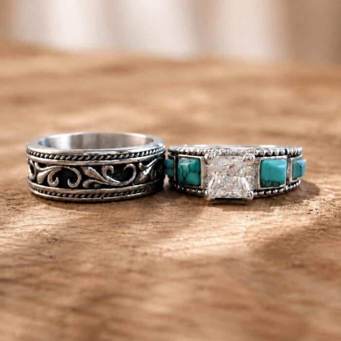 Western Style Rings Princess Cut Turquoise Western Wedding Rings for Couples – Retro Turquoise