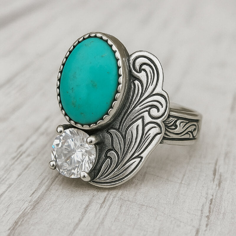 Western Style Rings Western Turquoise Ring with Crystal – Vintage Silver Feather Statemen ...