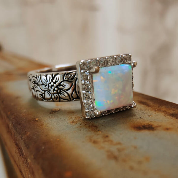 Western Flower Engraved Square White Opal Diamond Engagement Rings