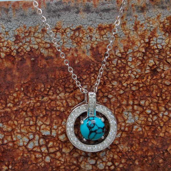 Sterling Silver Swan Round Cut Turquoise Necklace with Diamond Halo