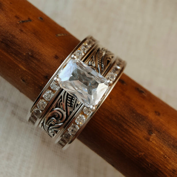 3pc Silver Inlay Diamond Emerald Western Engagement Ring Set