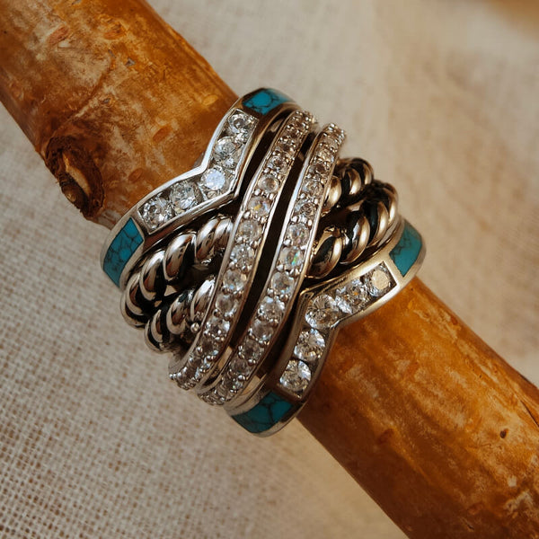 Sterling Silver Retro Turquoise Band Ring Set