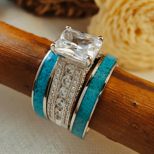 3pc Sterling Silver Luxury Diamond Crush Turquoise Engagement Ring